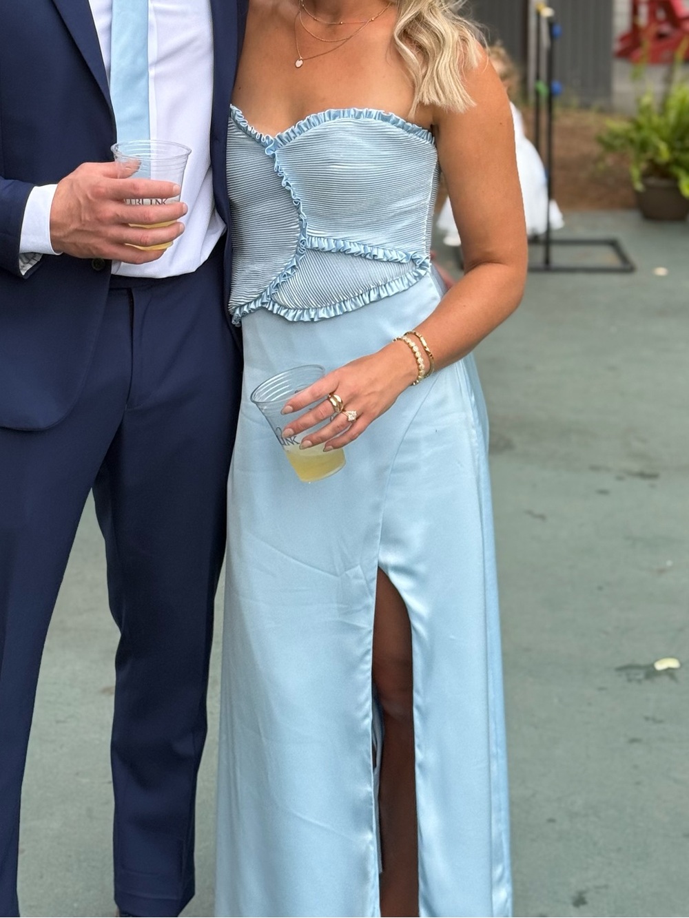 Azazie sky blue Sylvia Strapless Light Blue Satin Gown with Ruffle Bodice